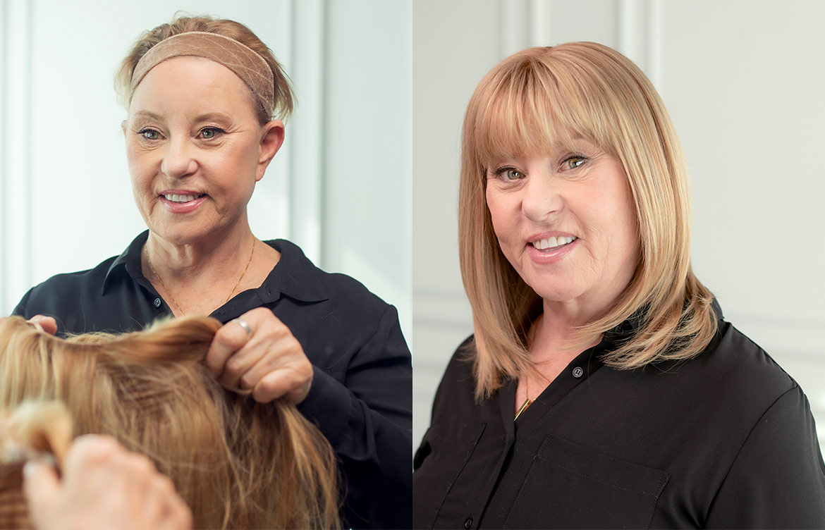 Trish-putting-on-wig-and-with-wig-side-by-side